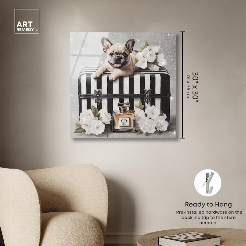 Frenchie Luggage Flowers Acrylic by Art Remedy, Ready to Hang
