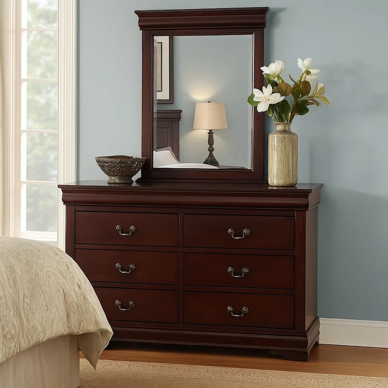 Transitional Style 6 Drawer Dresser with Metal Pulls, Cherry Brown - 6-drawer