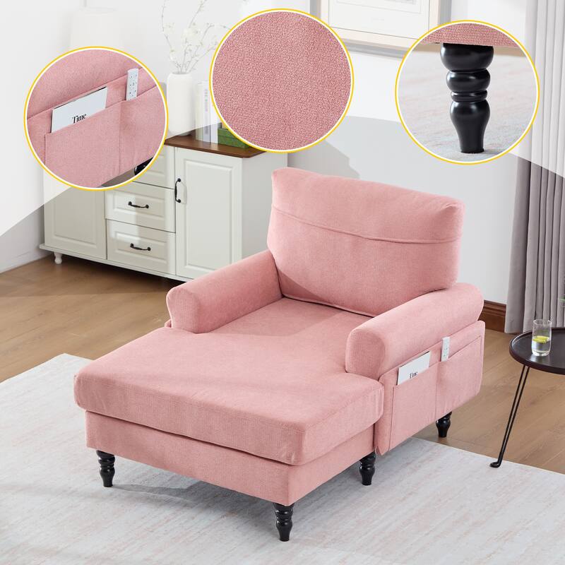 Modern Chaise Lounge Single Sofa Chair, Chenille Fabric Recliner Armchair with Side Pockets and Wooden Legs - Pink