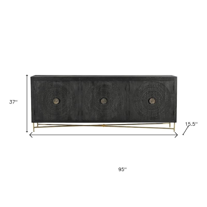 HomeRoots 95" Black Distressed Solid Wood Carved Geometric Sideboard with Six Doors - 95.00 in. x 37.00 in. x 15.50 in.