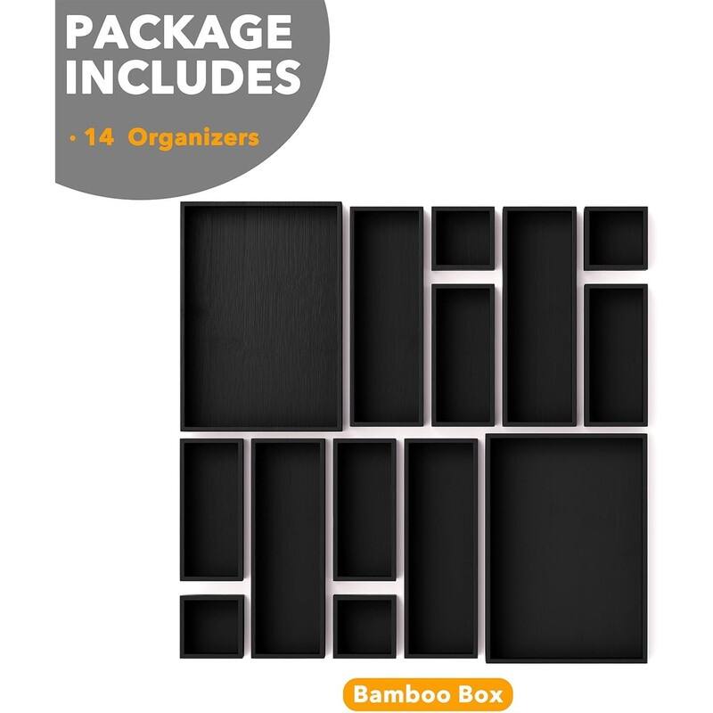 14-Piece Bamboo Drawer Organizer Storage Boxes Set, Wood Tray Junk Drawer Organizers Multi-Use Divider Bins
