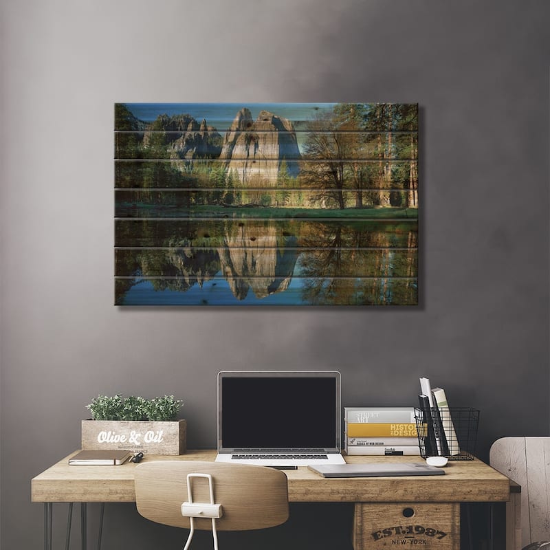 Cathedral Rock Reflected In The Merced River, Yosemite National Park, California I Print On Wood by Tim Fitzharris - Multi-Color