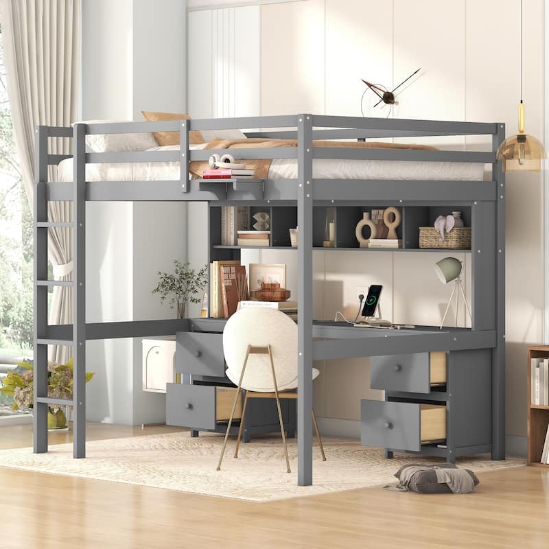 Full Size Loft Bed with Desk, Storage Cabinets, Drawers, Charging Station, Gray - Gray
