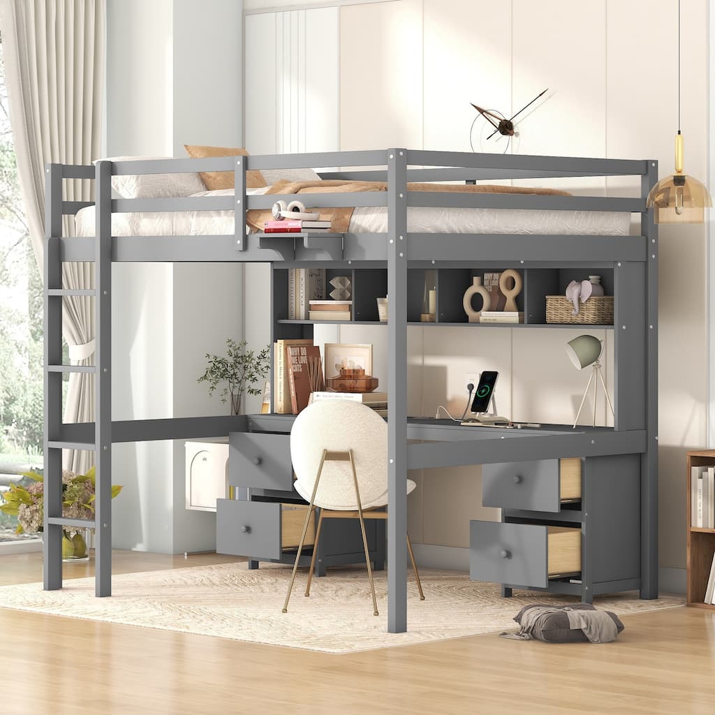 Full Size Loft Bed with Desk, Storage Cabinets, Drawers, Charging Station, Gray