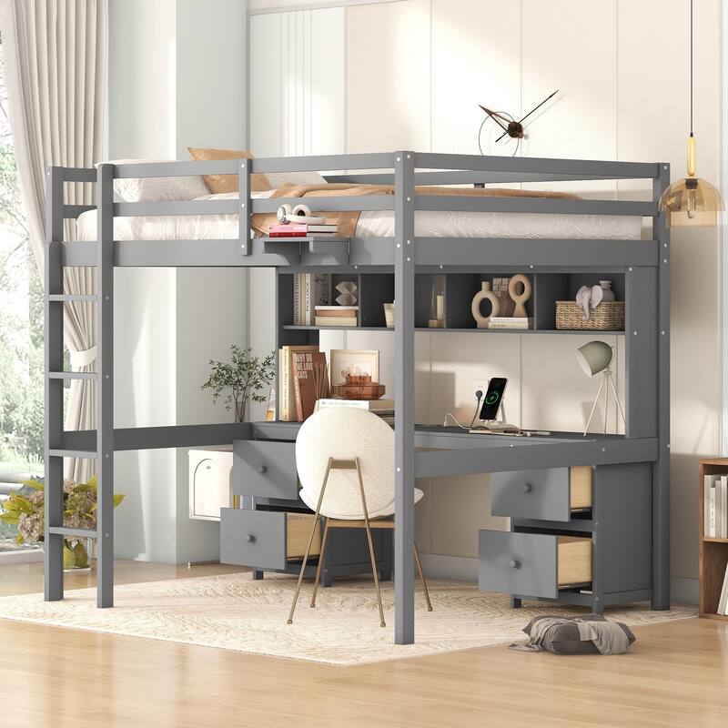 Full Size Loft Bed with Desk, Storage Cabinets, Drawers, and Charging Station