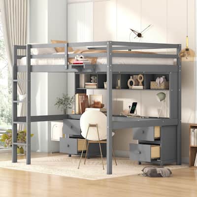 Roomfitters Full Loft Bed with Study Desk, Storage Cabinets, Bedside Tray and Charging Station