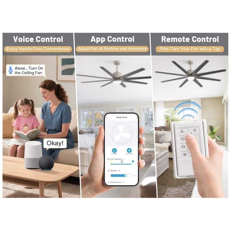 52"/66"/72"/76 Inch Modern Ceiling Fan with Dimmable LED Light ,Remote&APP Control,8 Blades for Large Living Room,Porch