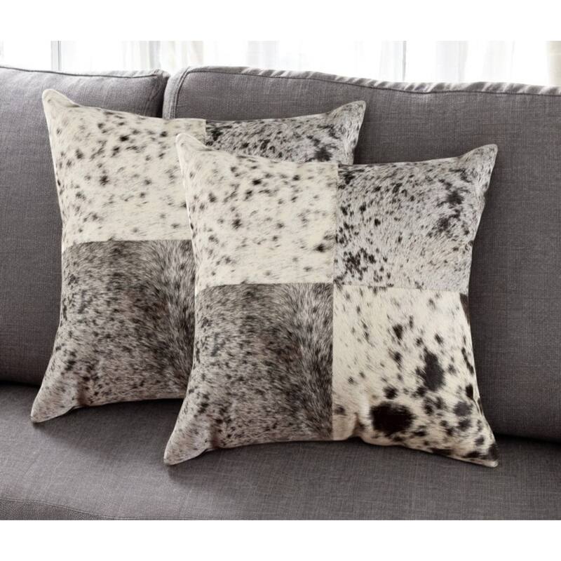 Set of Two 18" Black and White Cowhide Throw Pillows - White
