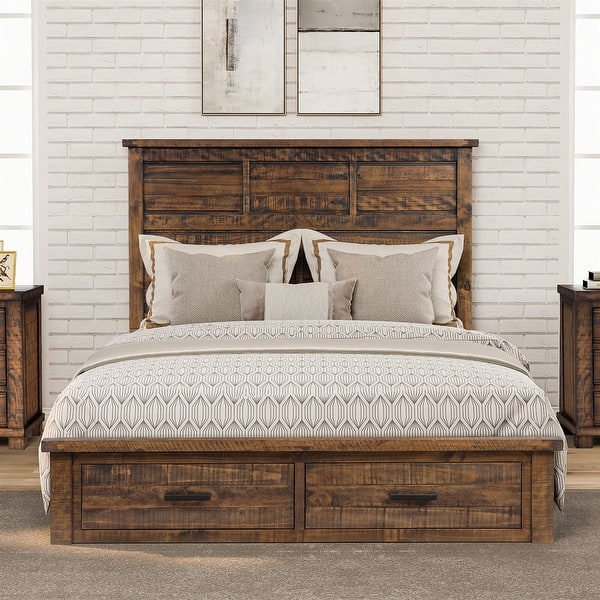 Rustic Reclaimed Solid Wood Framhouse Storage Queen Bed Antique