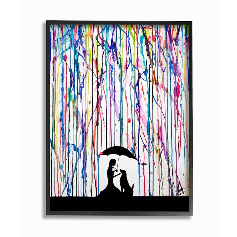 Stupell Rainbow Rain Drops Umbrella Dog Silhouette Framed Wall Art, 11x14, Proudly Made in USA - Multi-color - 11 x 14