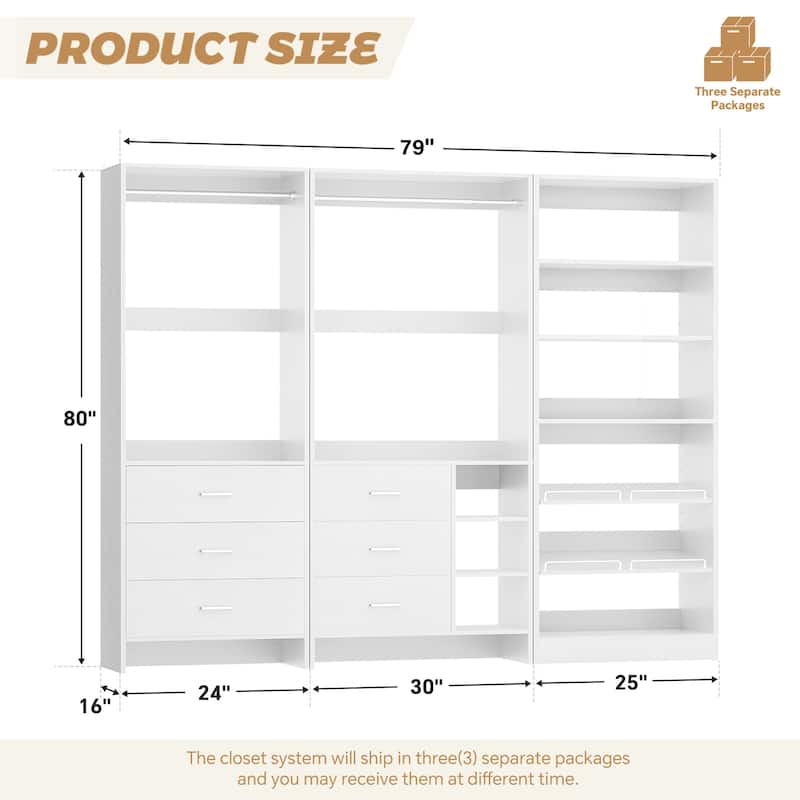 Set of 3 Closet System with Drawers and Shoe Rack, Freestanding Closet Organizer with Hanging Rods and Tower Shelves