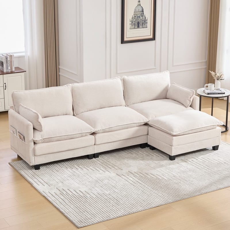 Corduroy Upholstered L Shaped Oversized Modular Sectional Sofa with Movable Ottoman