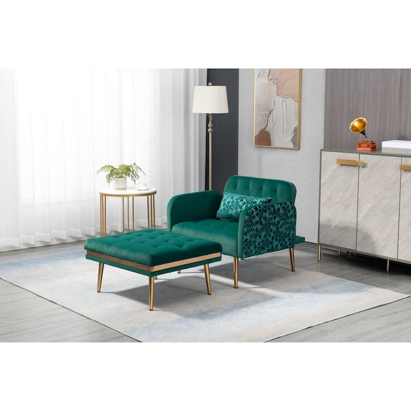 Velvet Upholstered Tufted Living Room Sleeper Chair With Ottoman