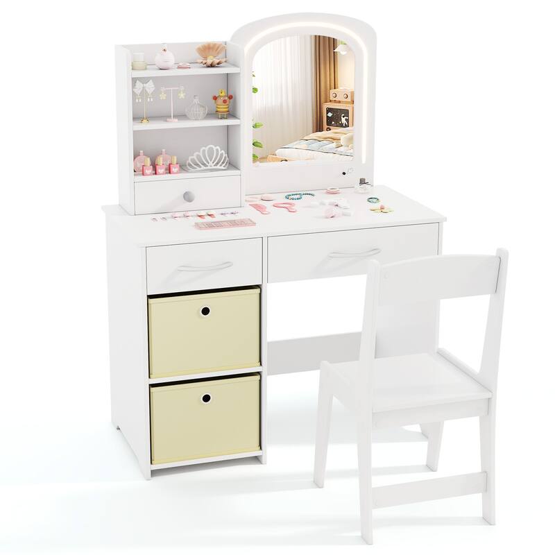 Gymax Kids Vanity Set Princess Makeup Desk & Chair w/ Mirror & Lights
