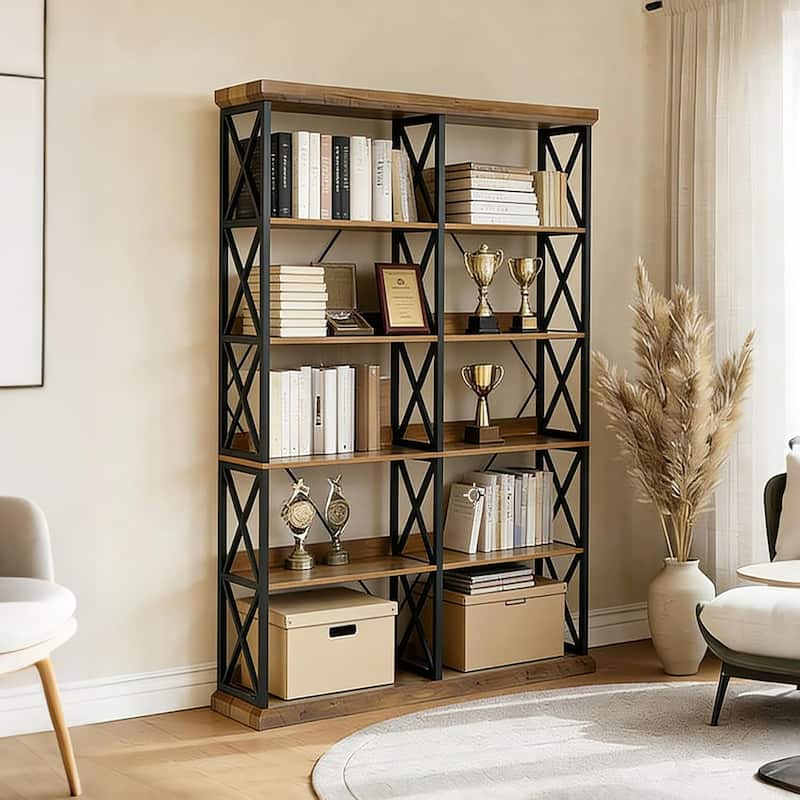 75" Tall Industrial Bookshelf, 6-Tier Wide Wooden Bookcase with 12 Shelves - 47.2" W x 11.8" D x 75" H