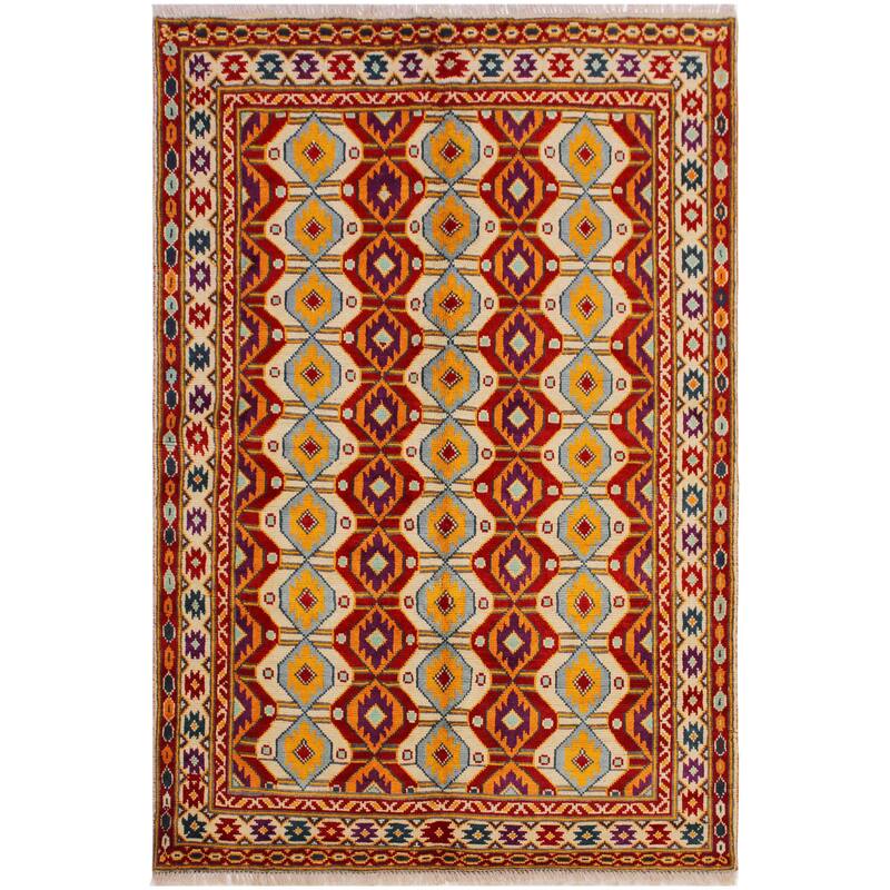 Bohemian Balochi Cannon Beige/Red Hand Knotted Wool Rug - 5'0'' x 6'8''