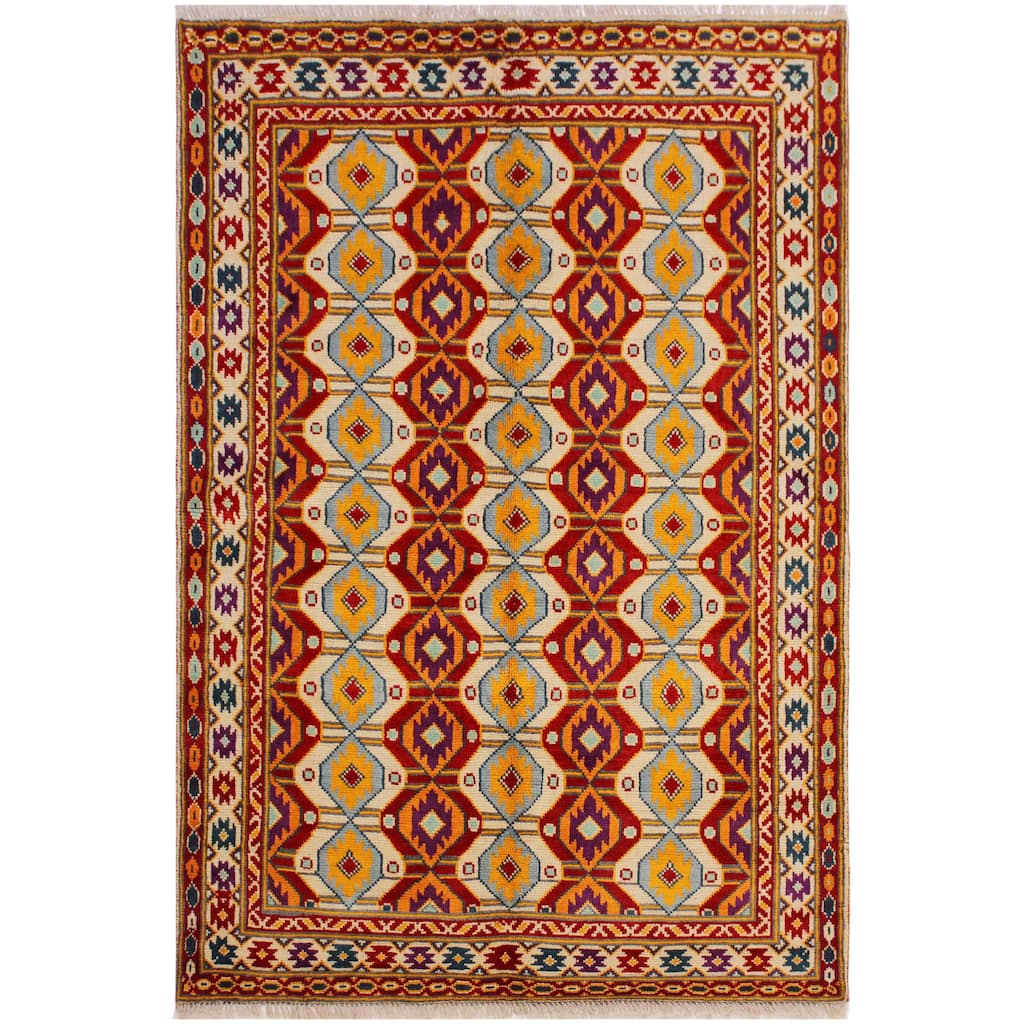 Bohemian Balochi Cannon Beige/Red Hand Knotted Wool Rug - 5'0'' x 6'8''