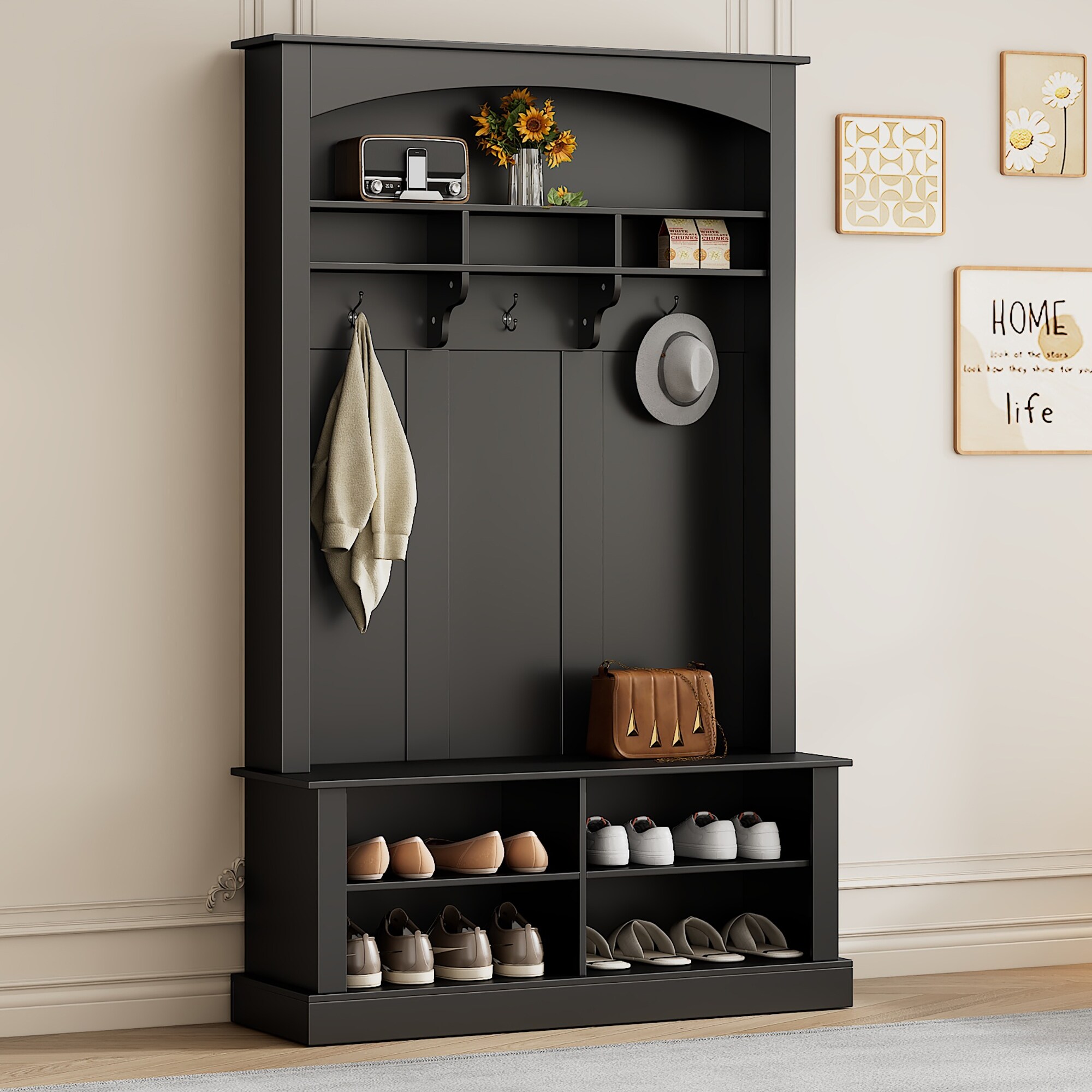 47.2 Wide Hall Tree with Bench and Shoe Storage Multi functional Storage Bench with 3 Hanging Hooks Open Storage Space White