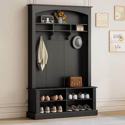 Hall Tree with Bench & Shoe Storage, Multi-functional Storage Bench w/ 3 Hanging Hooks & Open Storage Space, Rectangle Coat Rack