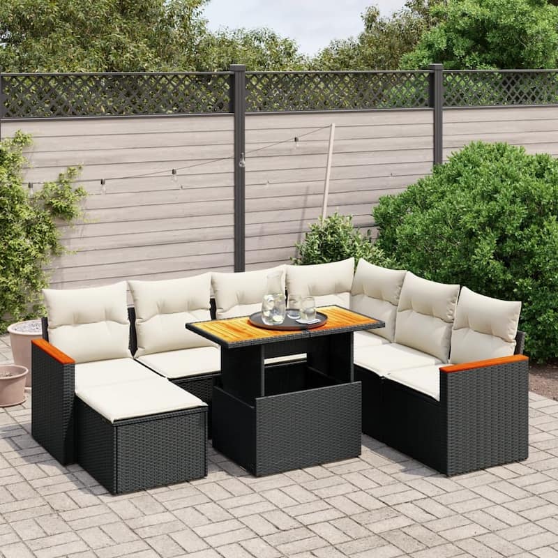 vidaXL Patio Sofa Set with Cushions Outdoor Furniture 8 Piece Poly Rattan - 21.7 x 39.4 x 28.7 - Black and Cream