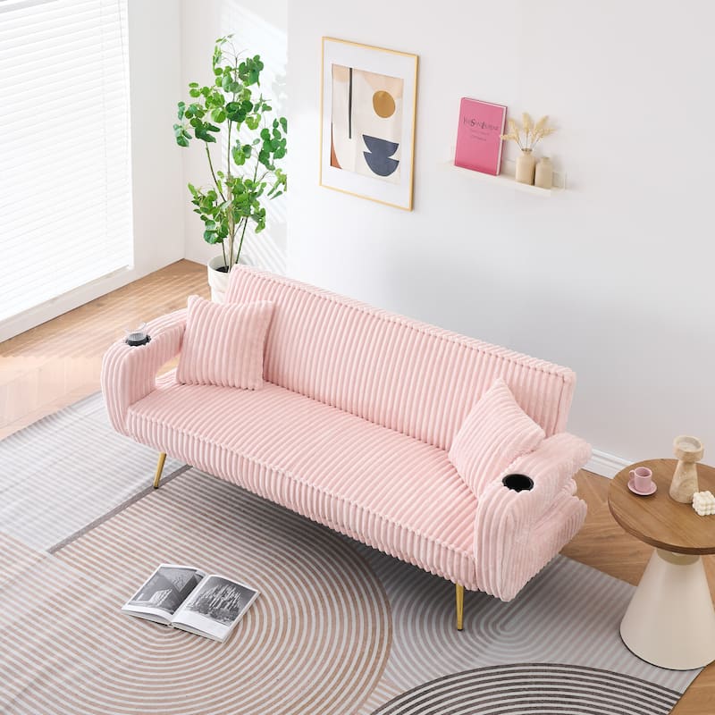 Loveseat Sofa, Adjustable Backrest Corduroy Love Seat Bed w2 Cup holder & 2 Pillows Living Room 2-seat Hollow Armchair