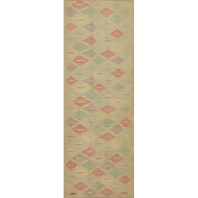 Hand Woven Oriental 100% Wool Carpet Southwestern Modern Multi-Colored Kilim Runner Rug - 9' 11'' X 2' 7''