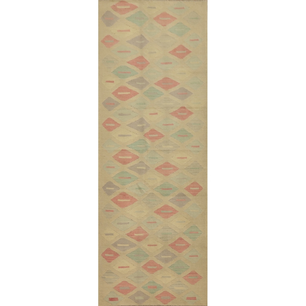 Hand Woven Oriental 100% Wool Carpet Southwestern Modern Multi-Colored Kilim Runner Rug - 9' 11'' X 2' 7''