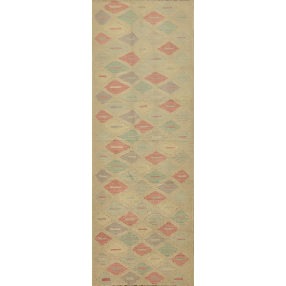 Hand Woven Oriental 100% Wool Carpet Southwestern Modern Multi-Colored Kilim Runner Rug - 9' 11'' X 2' 7''