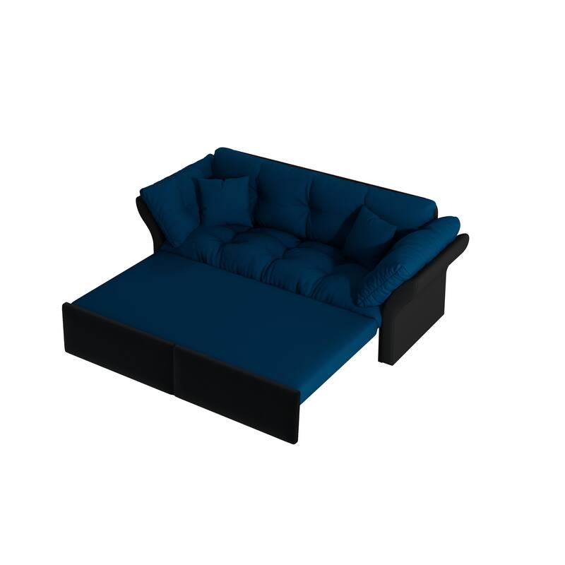 74.8" Queen Pull Velvet Out Sofa Bed, 3-in-1 Convertible Sleeper Tufted Sofa with 2 Soft Pillows-Blue