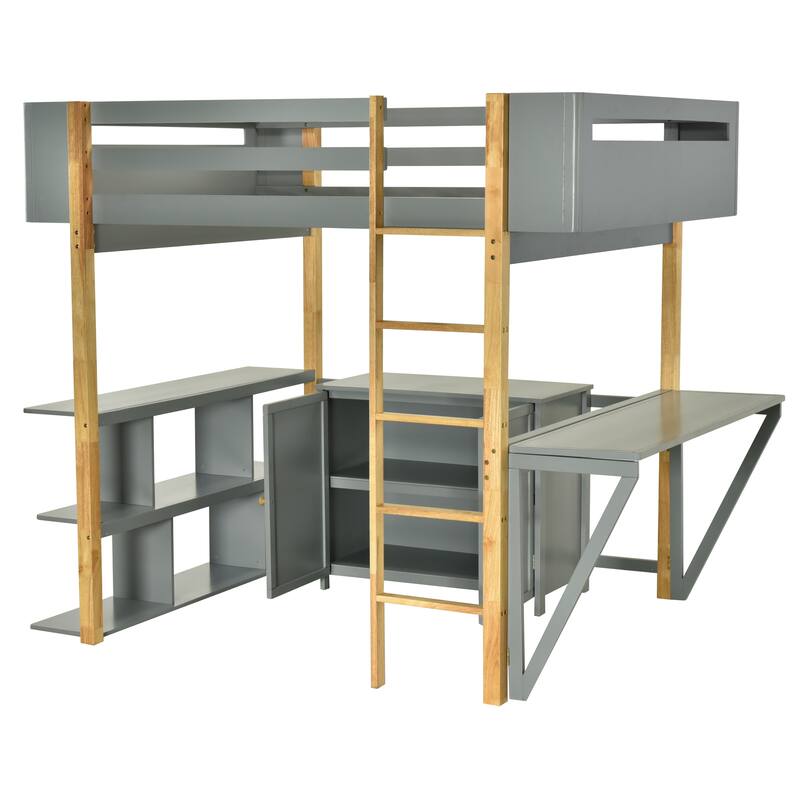 Space-Saving Twin Size Wooden Loft Platform Bed Frame with Storage Cabinet and Foldable Desk, Modern and Stylish for Bedroom