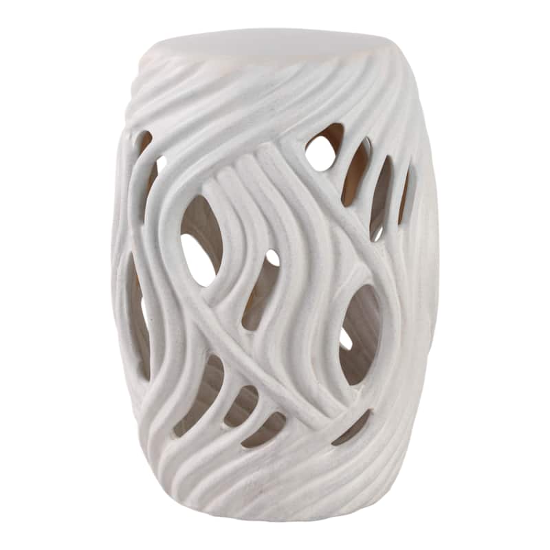 Ceramic Garden Stool Openwork Wave Design for Home Office - 19" White