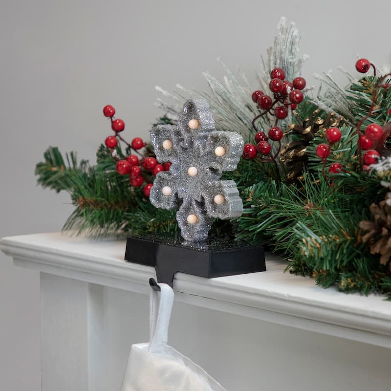 Silver Glittered LED Lighted Snowflake Christmas Stocking Holder 7"