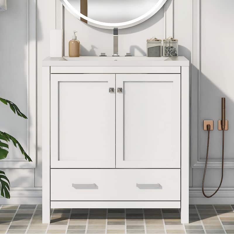 30" White Bathroom Vanity with Single Sink, 2 Doors, and Drawer