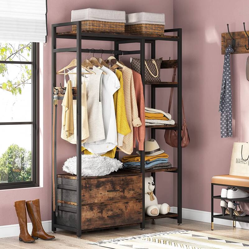 Freestanding Closet Organizer with 2 Drawers, Clothes Shelf Garment Rack with Shelves and Hanging Rod, Clothing Storage-Brown