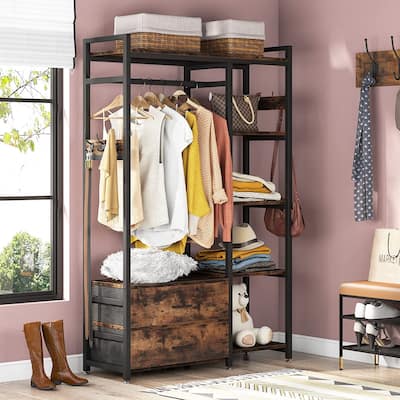 Freestanding Closet Organizer with 2 Drawers, Clothes Shelf Garment Rack with Shelves and Hanging Rod, Clothing Storage-Brown