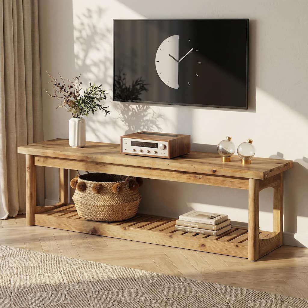 Solid Wood TV Stand for 27-70 Inch TVs with Open Storage, Low Media TV Console Table for Entertainment Center