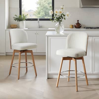 Tomlin Bentwood Upholstered Swivel Counter Stool Set Of 2 Off White Boucle