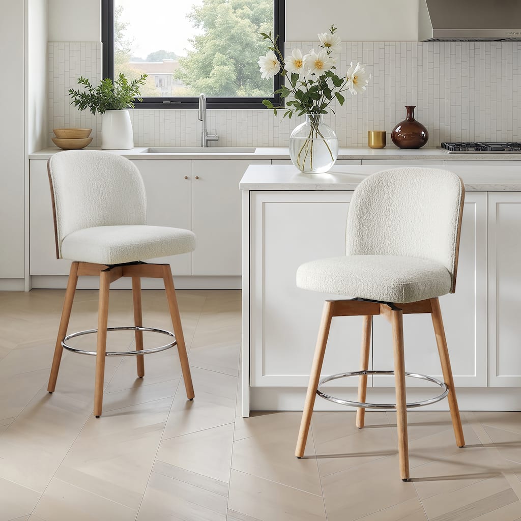 Tomlin Bentwood Upholstered Swivel Counter Stool Set Of 2 Off White Boucle
