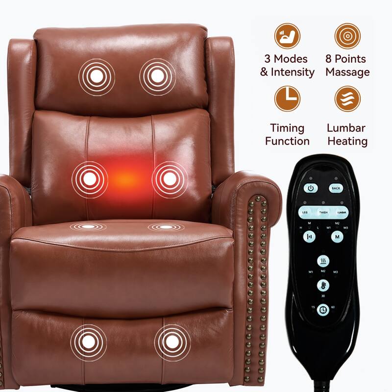 Genuine Leather Swivel Recliner Chair, Sofa Chair with Side Pockets, Manual Recliner Chair with Heat & Massage