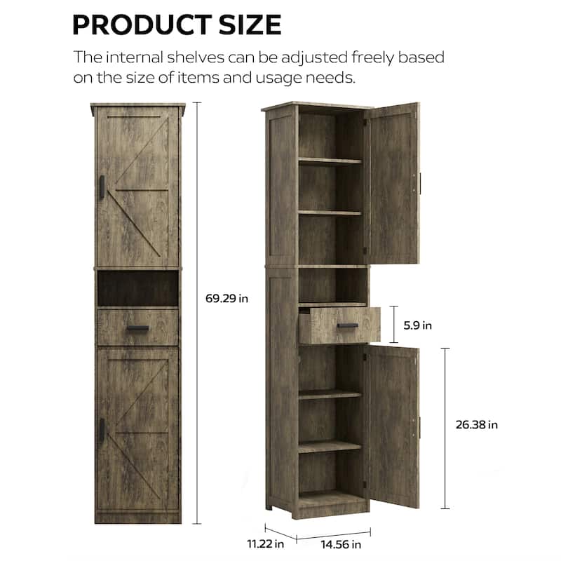 69"H Tall Bathroom Cabinet with Adjustable Shelves, 2 Barn Doors & 1 Drawer