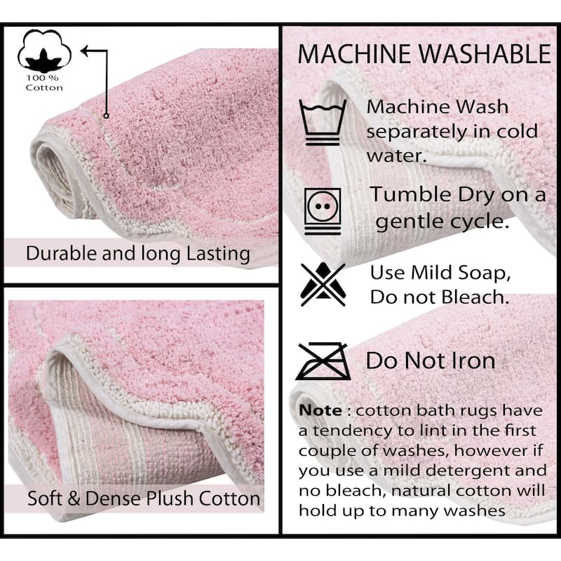 Allure Collection 100% Cotton Non-Slip Bathroom Rug Set, 3 Piece Machine Washable- Bathroom Rug, Bath Rug, U Shaped Contour