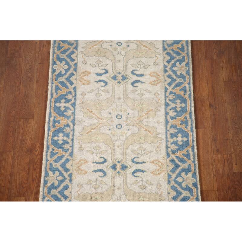 Floral Beige Oushak Style Runner Rug Hand-knotted Wool Carpet - 2'6"x 9'9"
