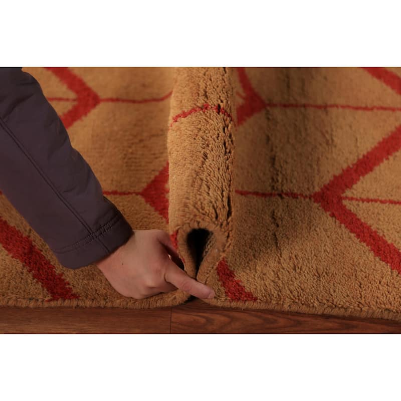 Hand Knotted Oriental 100% Wool Carpet Modern Geometric Oranges & Rust Moroccan Runner Rug - 9' 10'' X 2' 9''