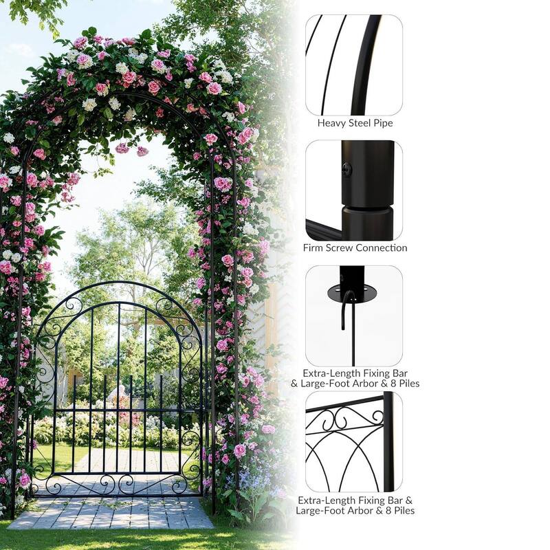 7 FT Elegant Garden Arch with Gate, Wedding Arbor for Climbing Roses & Vines