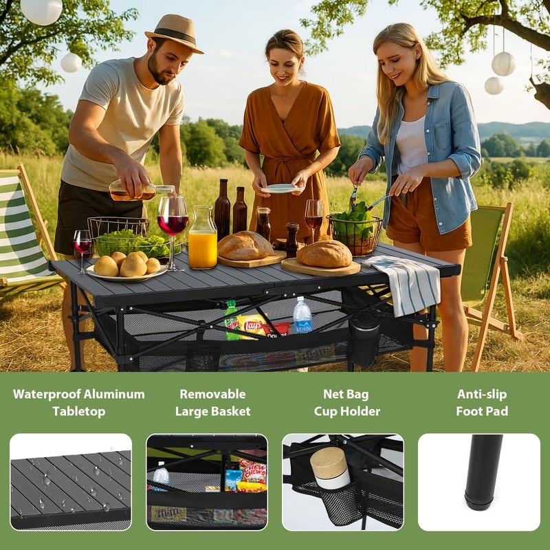 Lightweight Aluminum Camping Table with Roll-Up Top, Mesh Storage, Cup Holders & Carry Bag for Outdoor BBQ, Picnic, Sports