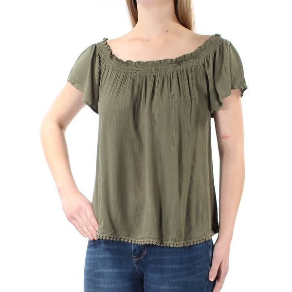 Shop Belle Du Jour Womens Green Ruched Short Sleeve Off Shoulder