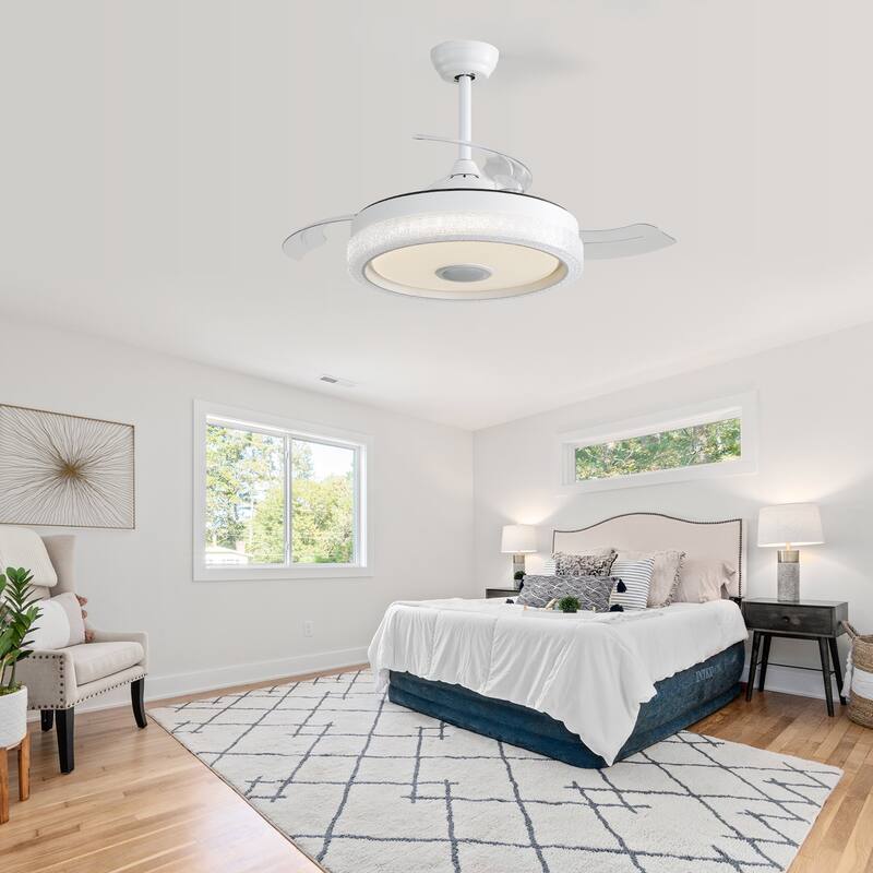 Modern 42 Inch Invisible Ceiling Fan with Bluetooth Player & Retractable ABS Blades, Dimmable LED Ceiling Fan Light, White - White