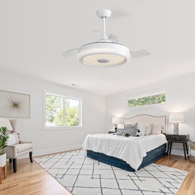 Modern 42 Inch Invisible Ceiling Fan with Bluetooth Player & Retractable ABS Blades, Dimmable LED Ceiling Fan Light, White