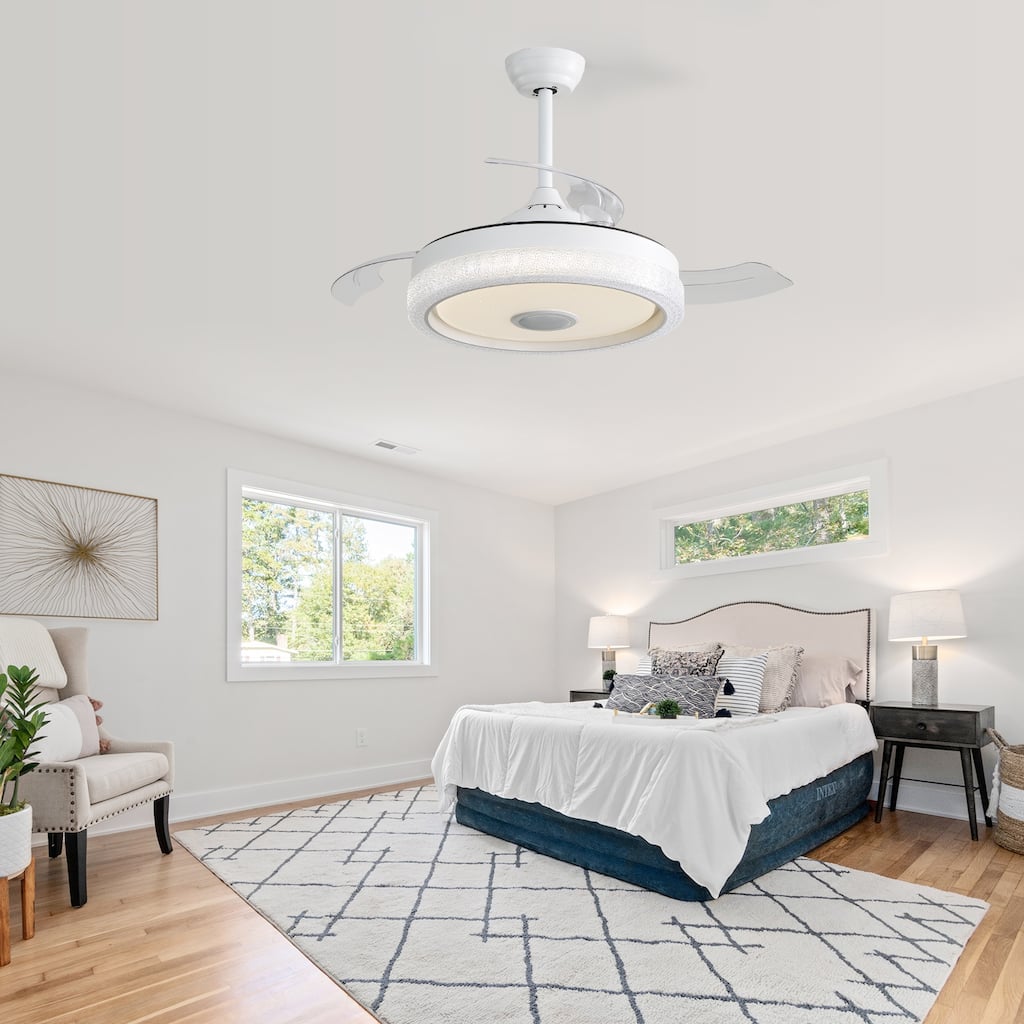 Modern 42 Inch Invisible Ceiling Fan with Bluetooth Player & Retractable ABS Blades, Dimmable LED Ceiling Fan Light, White