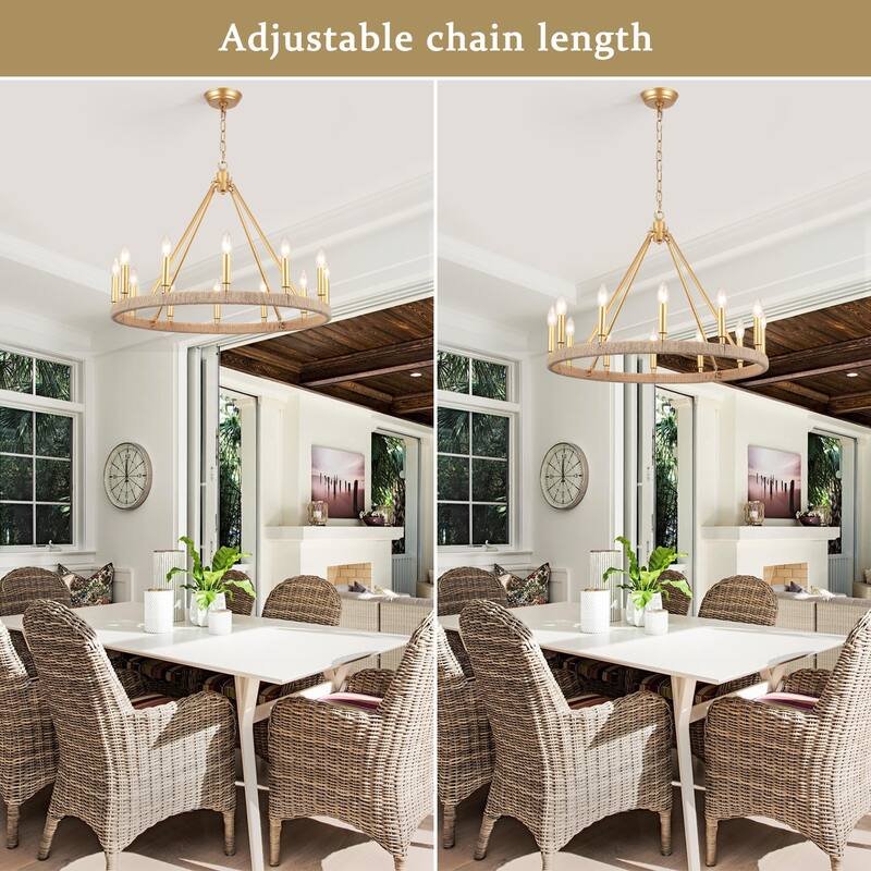 12-Light W26.77" x H78.74" Hemp Rope Wagon Wheel Chandelier for Living Room